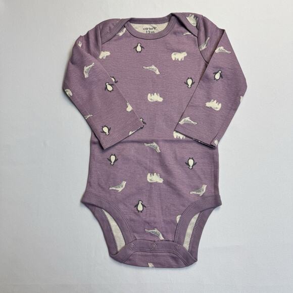 Carter's 3-Piece Long Sleeve Bodysuit Pant Set Girl Size 12 Month Purple Penguin - Picture 3 of 8